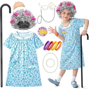 Jeowoqao Old Lady Costume for Kids, 100 Days of School Costume Girls Old Lady DressGranny Wig with Wig Cap Grandma Dress Up Outfit for Girls 5 6 7 8 Years