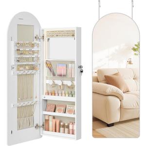 SONGMICS Wide Jewelry Organizer, LED Jewelry Cabinet Wall/Door Mounted, Arched Mirror with Storage, Lockable, Rounded Corner, Interior Mirror, 3.9 x 16.5 x 42.5 Inches, Cloud White UJJC020W01