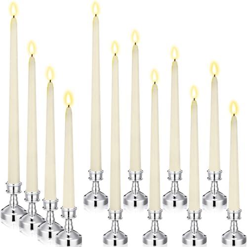 Rossesay 12 Pcs Flameless LED Taper Candles with Candlestick Battery Operated 8.5" 9.6" 10.8" 12.8" Flameless Flickering Candlesticks for Christmas Wedding(Silver Holder & Ivory Candles)