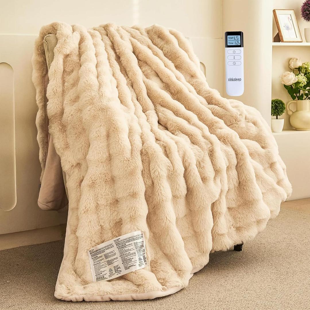 Thick Bubble Faux Fur Heated Blanket Electric Blanket 72"x84", Soft Faux Rabbit Fur Heating Blankets with Overheat Protection, 12 Time Settings, 5 Heating Level, Machine Washable (Beige)