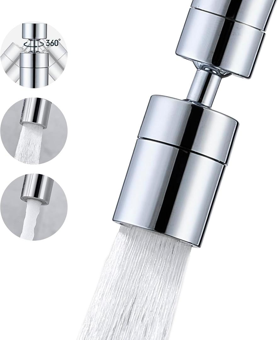 360 Swivel Faucet Aerator, Dual Mode Water Saving Sprayer Head, Chrome Brass Nozzle, Universal Fit for Kitchen & Bathroom Sinks (22mm Male & 24mm Female)