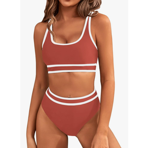 BMJL Women's High Waisted Bikini Sets Sporty Two Piece Swimsuits Color Block Cheeky High Cut Bathing Suits(M, Rust Red)