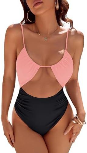 Blooming Jelly Womens One Piece Swimsuit Tummy Control Bathing Suit Sexy Flattering Cheeky High Cut Out Cute Ladies Swimwear, Light Pink and Black, L