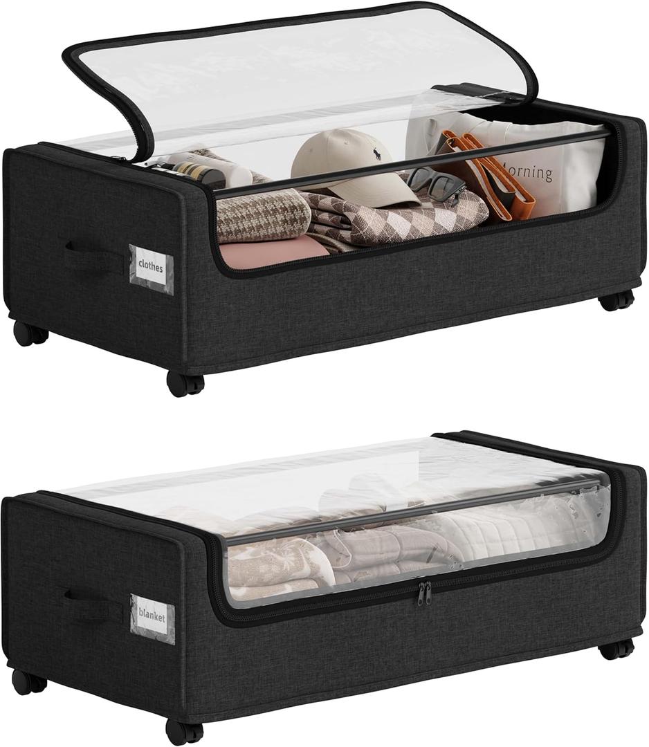 VicHomey Under Bed Storage With Wheels, Tall Under The Bed Storage, Underbed Storage Containers With Lids, Metal Frame, 90L Capacity, Large Size