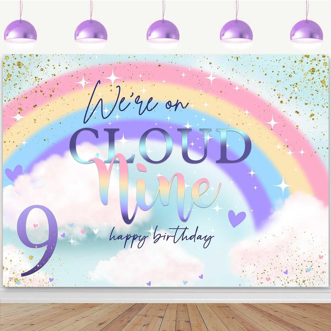 On Cloud 9 Birthday Decorations Backdrop 7x5ft Dreamy Rainbow Clouds Happy 9th Birthday Background for Girls We're On Cloud 9 Party Iridescent Nine Year Old Bday Cake Table Banner