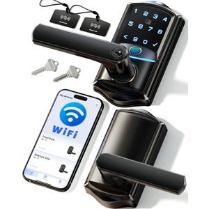 Veise VE029 WiFi Smart Lever Lock, Fingerprint Keyless Entry Door Lock with Handle, Built-in WiFi, Remote App Control, Electronic Digital Knob for Front Door and Bedroom, IP65 Waterproof, Matte Black