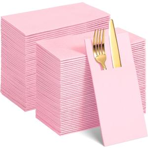 120 Pcs Pink Linen-Feel Paper Napkins with Built-in Flatware Pocket, Mother's Day Pocket Linen Napkin Prefolded Cloth Like Paper Napkins Bulk for Anniversay Wedding Baby Shower Birthday Bridal Party