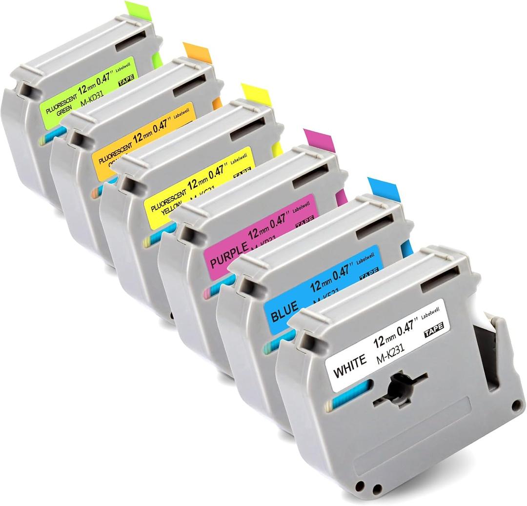 Labelwell 6-Pack Fluorescent Color Label Tape Replacement for Brother M 12mm 0.47 Tape Refills for P Touch PT-45 PT-65 PT-70 PT-80 PT-M95, Black on White/Blue/Purple+Fluorescent Yellow/Orange/Green