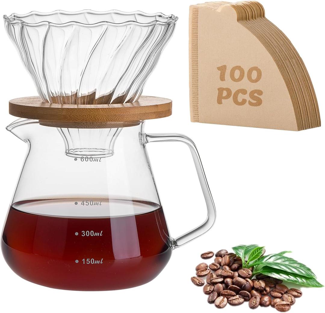 shoxil Pour Over Coffee Maker Set  Drip Coffee Pot with bamboo Handle, Glass Coffee Dripper & 100 Filters, 20oz/600ml Capacity (Square)