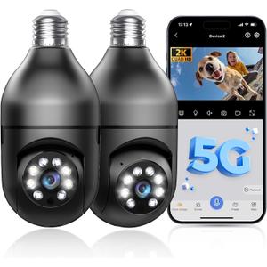 Light Bulb Security Camera 5G/2.4GHz WiFi 2K Lightbulb Security Cameras Wireless Outdoor, 360 Screw in Sight Bulb Motion Detection Siren Alarm Light Socket Camera 2-Way Audio Color Night Vision (Black)
