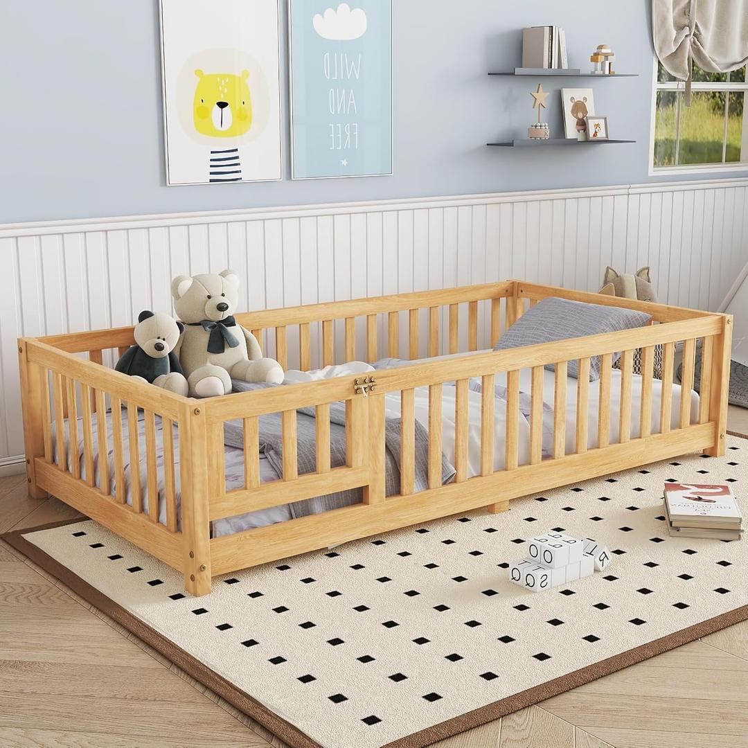Bellemave Twin Floor Bed Frame with Slats and Safety Guardrail, Wood Twin Size Montessori Floor Bed with Door and Fence, Easy Assemble Montessori Beds for Kids, Girls, Boys, Natural