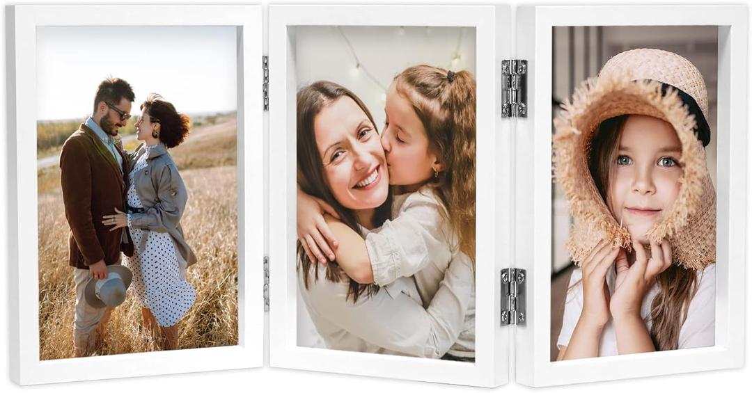 4x6 Triple Picture Frame Hinged 3 Photos Folding Photo Frames with Glass Vertical Stand Frames, White