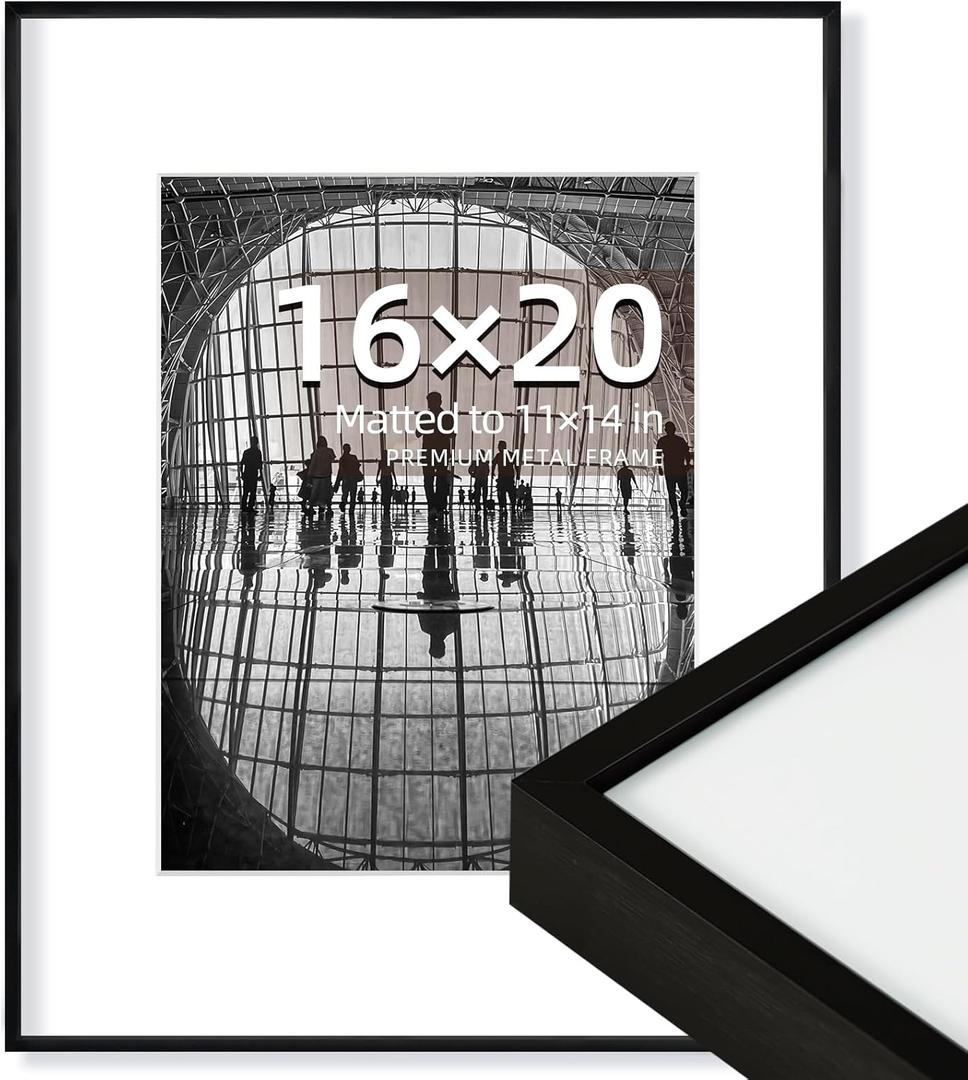 OUZUGIE 16X20 Picture Frame,Display Poster 11X14 With Mat or 16X20 Without Mat,Black Aluminum Poster Frames with Premium Acrylic,Photo Frames with Strong Corner Design for Gallery Wall and Tabletop (16X20, Black)