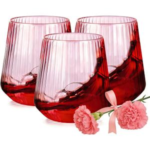 30 Pack Pink Plastic Ribbed Wine Glasses, 12 OZ Origami Stemless Disposable Wine Champagne Whiskey Glasses Unbreakable Clear Plastic Cocktail Glasses, Wine Cups for Party Wedding & Mother's Day