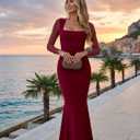 BORIFLORS Women's Ruched Bodycon Long Sleeve Maxi Dress Mesh Square Neck Cocktail Party Long Dresses (Red, S)