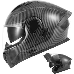 Modular Motorcycle Helmet DOT Approved, Lightweight Full Face Flip Up ATV Street Dirt Bike Helmet Dual Visor Sun Shield for Adult Men Women (Carbon Fiber, Large) (Black)