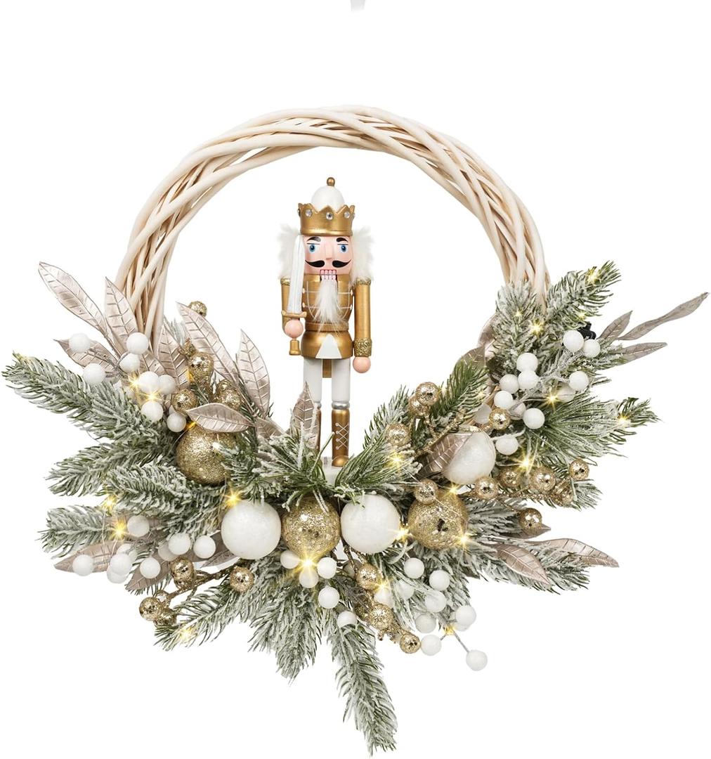 Christmas Wreath Christmas Nutcracker and Berry Wreath Suitable for Decorating Doors, Windows (White Wooden Nutcracker Decor With Light)