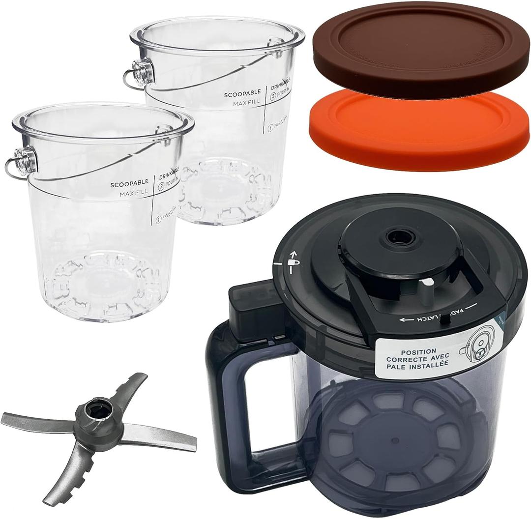 Replacement Paddle, Outer Bowl with Lid, 2pcs Pint with Lid, compatible with Ninja Creami Ice Cream Maker: NC500, NC501, NC501H, NC501HBL and NC501HGN Series