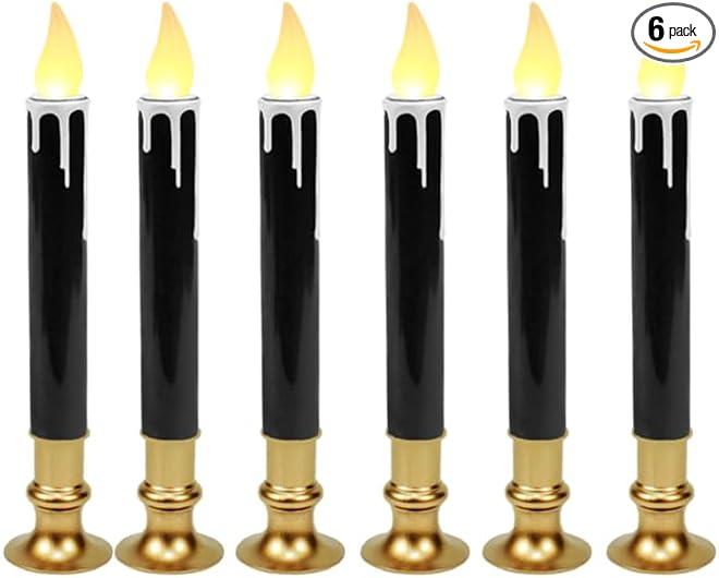 Black Gold Dripping Wax LED Window Candlestick – 9" Tall, 6-Pack Flameless Taper Battery Candles with Timer, Elegant Fall & Thanksgiving Décor for Table, Mantel & Window Displays