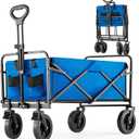 Collapsible Wagon Heavy Duty 35''L, Grocery Cart on Wheels Foldable Beach Wagon with Adjustable Handles Brakes, Portable Shopping Carts for Groceries Garden Camping Sports,170L Blue