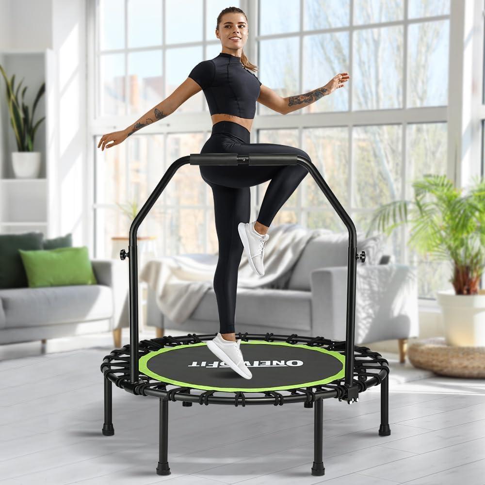 ONETWOFIT Foldable Rebounder Trampoline for Adults, 40/42/45 Mini Fitness Trampoline W/Adjustable Foam Handle Bungees, Quiet Exercise Trampoline for Personal Indoor Workout