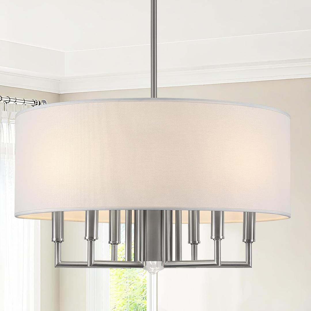 23.6'' Brushed Nickel Drum Chandelier 7-Light Modern White Fabric Large Chandeliers for Dining Room Adjustable Farmhouse Pendant Light Fixture for Kitchen Island Living Room Bedroom