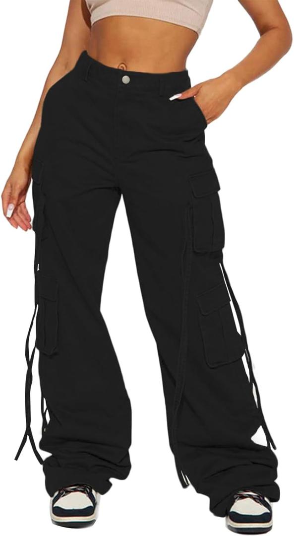 Women Y2k High Waisted Straight Leg Relaxed Fit Cargo Pants with 6 Pockets Streetwear Concert Dance Outfit (Small, Black)