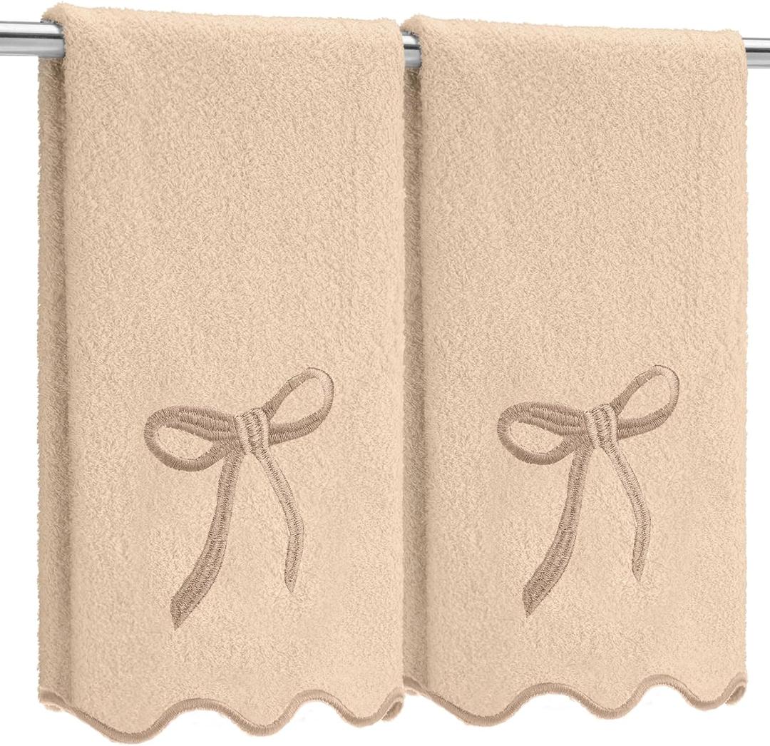 2 Pcs Brown Scalloped Hand Towels for Bathroom 26 x 13 Embroidery Coquette Bow Hand Towels 100% Cotton Soft Absorbent Boho Bath Decor for Kitchen Bathroom