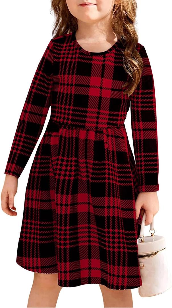 21KIDS Girls Fall Plaid Dress Long Sleeve Casual Midi Dresses with Pockets for Kids 10 Years (Red, S)