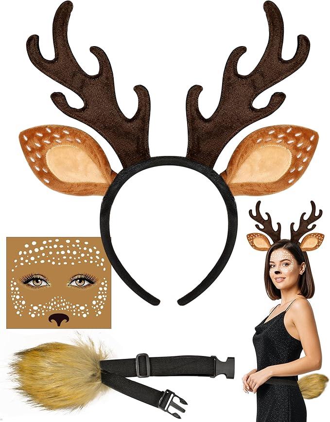 UGoforst Deer Costume Adult Women Gilrs, Deer Antlers Headband Tail Face Sticker, Halloween Deer Ears Reindeer Costume Accessories