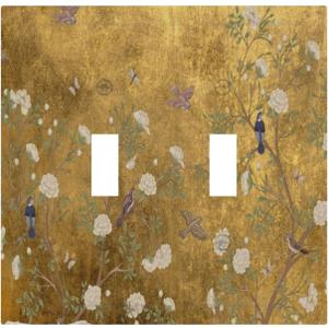 Decorative Switch Plate Covers Vintage White Flowers Birds on Golden Background 2 Gang Light Switch Cover Plate Unique Double Toggle Wall Plate Light Switch Covers for Home Decor