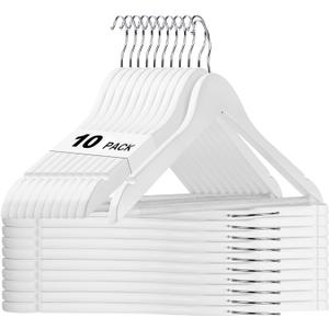 HOUSE DAY White Wooden Hangers 10 Pack, Solid Wood Hanger with Non Slip Pant Bar, Heavy Duty Wooden Coat Hanger for Closet, Smooth Finish Wood Clothes Hangers for Shirts, Suits Jackets, Dress
