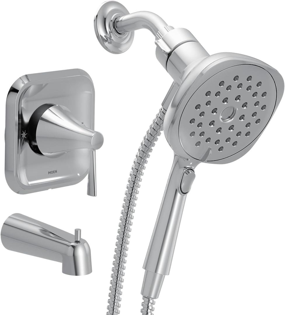 Moen Ronan Chrome Single-Handle Modern Tub and Shower Faucet with Square Handheld Rain Shower Spray Head Featuring Magnetix, Valve Included, 82022