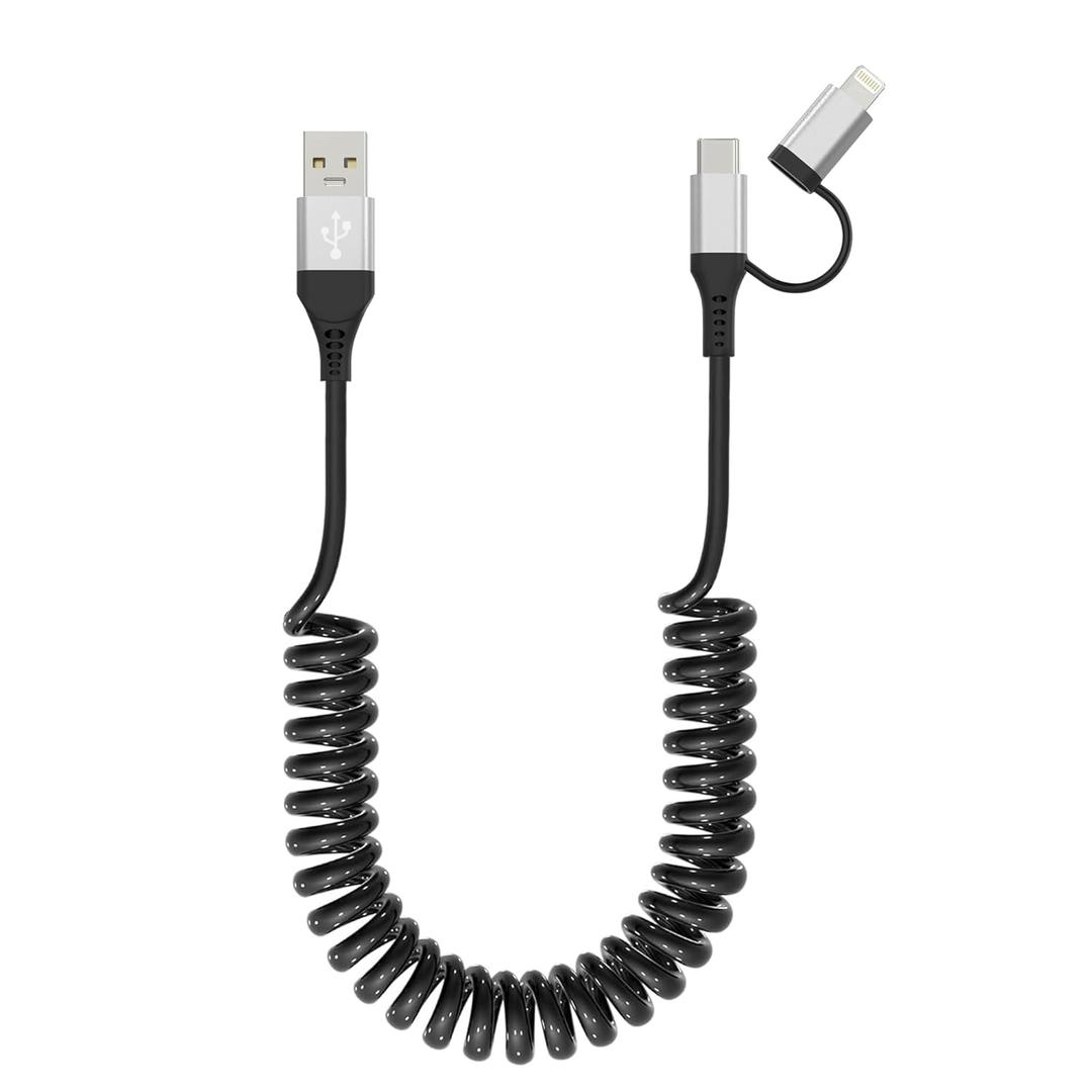 USB to USB-C and Lightning Cable 2 in 1 Coiled Cable Support Carplay & Android Auto [MFi & 3A Fast Charge & Data Sync] Coiled Lightning and USB C Cable for iPhone 17/16/15/14/13/Android, Silver