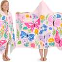 Kids Hooded Beach Towel, 100% Cotton Super Soft and Absorbent Bath Towel, 50" x 30" Large Size with 2 Snap Buttons for Ages 3-10, Cozy Cover Up for Pool, Beach, and Bath Time (Butterfly Garden)