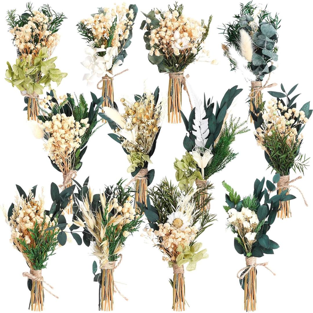 Layhit 12 Pack Boho Dried Flower Bouquet Mini Wedding Handmade Dry Flowers Decor for Vase Crafts DIY Photo Boutonniere for Men Floral Plant for Bridesmaid Gift Birthday Decor (Eucalyptus)