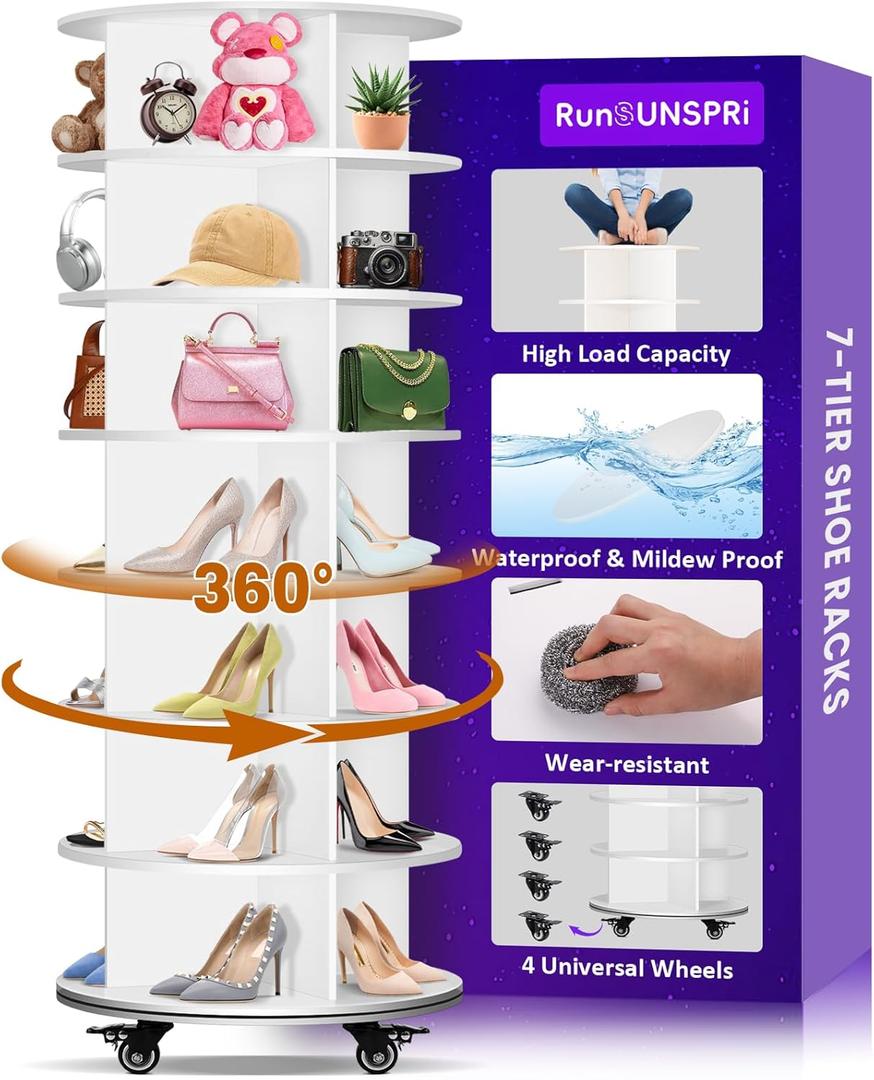 7 Tier Rotating Shoe Rack with 4 Universal Wheels, 360 Revolving Free Standing Shoe Organizer, Multifunctional Storage Revolving Shoe Rack Tower, Spinning Shoe Racks Display Lazy Susan Equipped
