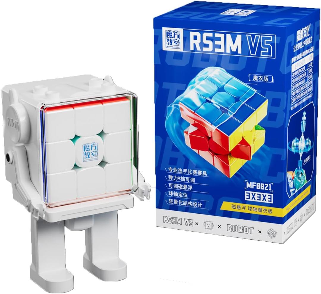 CuberShop Moyu RS3M V5 2023 Ball Core UV Coated 3x3 Speed Cube with Display Stand, Stickerless RS3M 2023 3 by 3 Budget Cube, (Moyu RS3 M V5 MagLev+Ball-Core Magic Clothes, Robot-Shape Display Box)