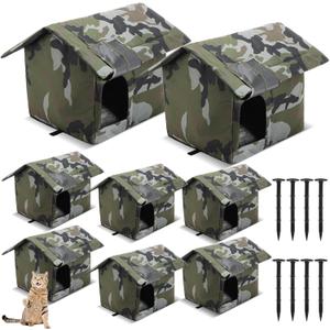 Weysat 8 Pieces Waterproof Stray Cats Shelter Warm Outdoor Cat House Foldable Pet Bed with Tent Stakes Winter Weatherproof Feral Cat Cave for Outside Stray Dog Kennel Wild Animal(Camouflage Color)