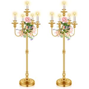 2 Pcs Gold Wedding Floor Candelabra 50 Inch Antique Candle Stand Metal 5 Arm Candelabra Centerpiece Decoration for 5 Candlesticks Bridal Shower Christmas Aisle Event Birthday Party Ceremony Home
