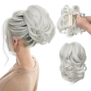 CJL HAIR Claw Clip Short Ponytail Hair Extensions DIY Bendable Metals Messy Bun Hair Piece for Wonen Wavy Curly Synthetic Fake Hairpieces White
