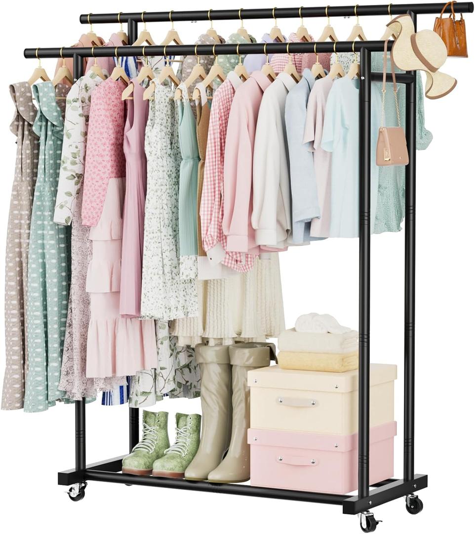 Abiglifty Double Rods Clothes Rack for Hanging Clothes, Clothing Rack with Wheels, Portable Closet Organizer for Laundry, Room (Black