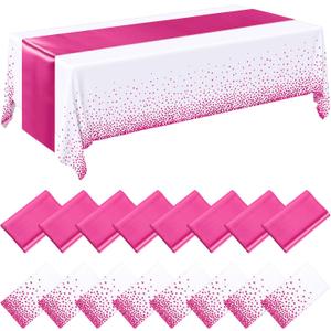 Tudomro 16 Pieces White and Hot Pink Disposable Plastic Tablecloths and Satin Table Runner Set 54x108 Inch Tablecloth 12x108 Inch Table Runners for New Year Wedding Birthday Baby Shower Graduation