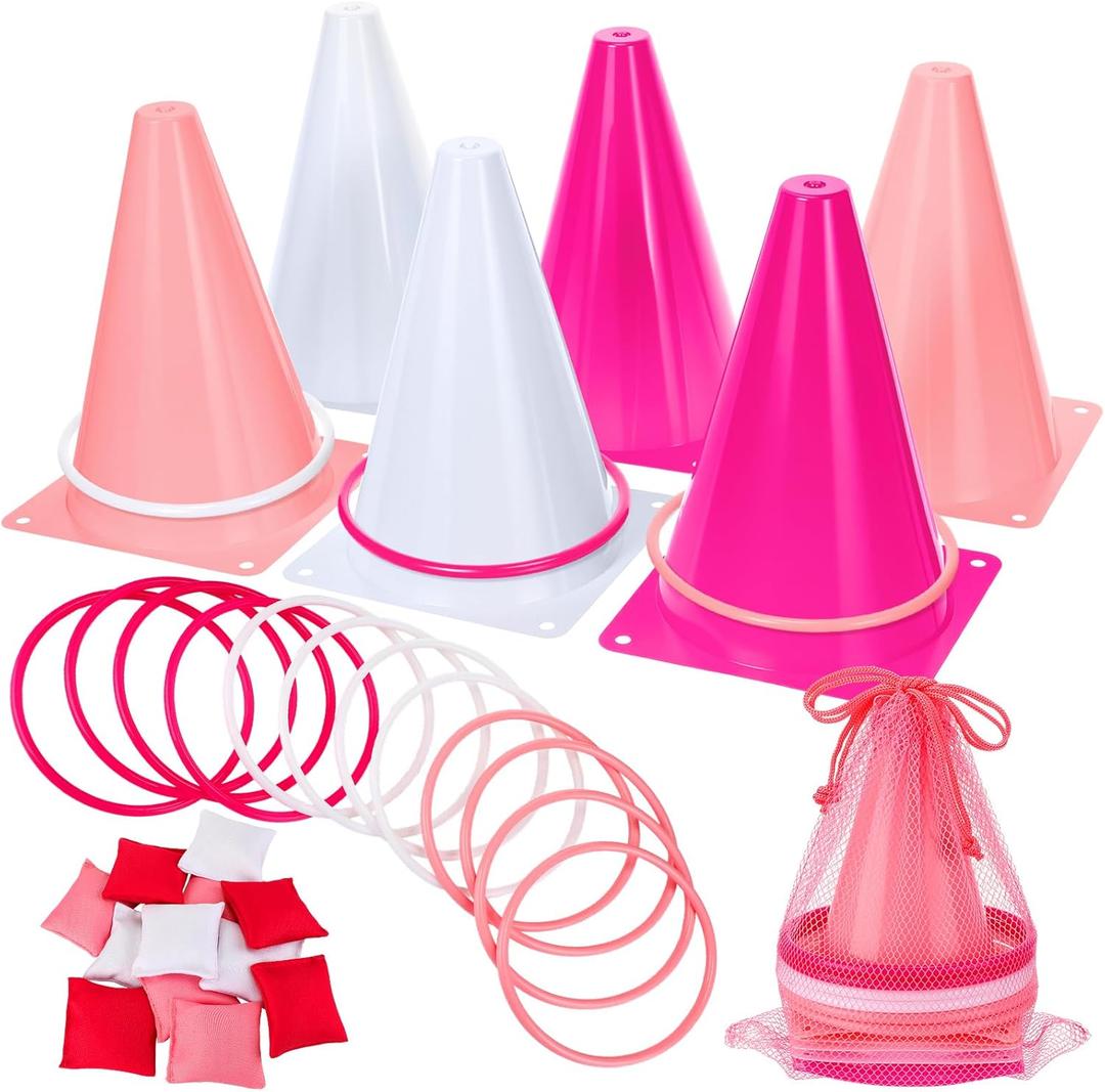 37 Pcs 3 in 1 Carnival Ring Toss Game Set Soft Plastic Cones Bean Bags Ring Toss Game with Mesh Bag for Baby Shower Birthday Carnival Classroom Indoor Outdoor Yard Supplies (Pink)