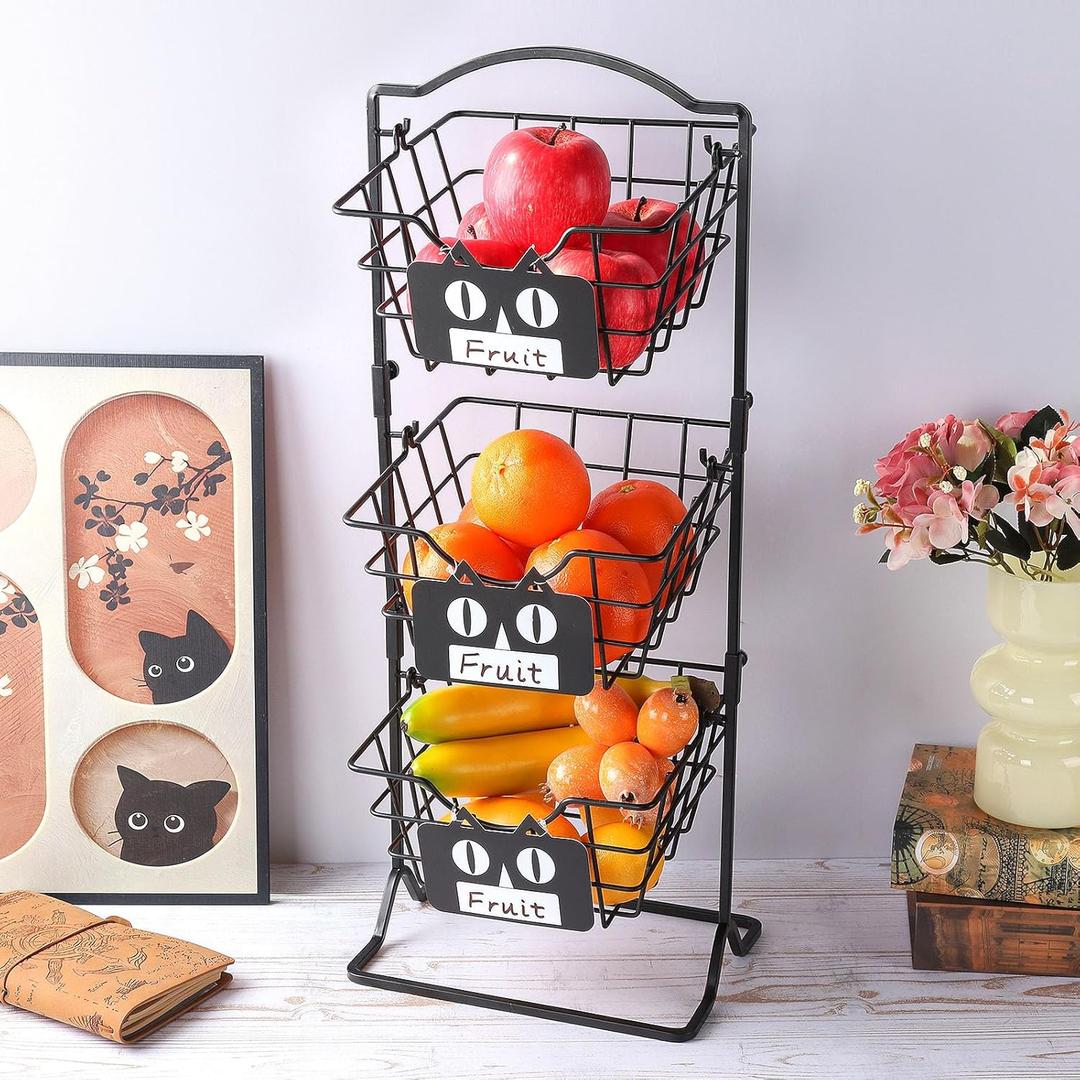 IBWell 3 Tier Fruit Basket Metal Holder for Kitchen Countertop Fruit Stands for Counter Bread Snack Vegetable Hanging Storage Countertop with CUBE-CAT Label Tag