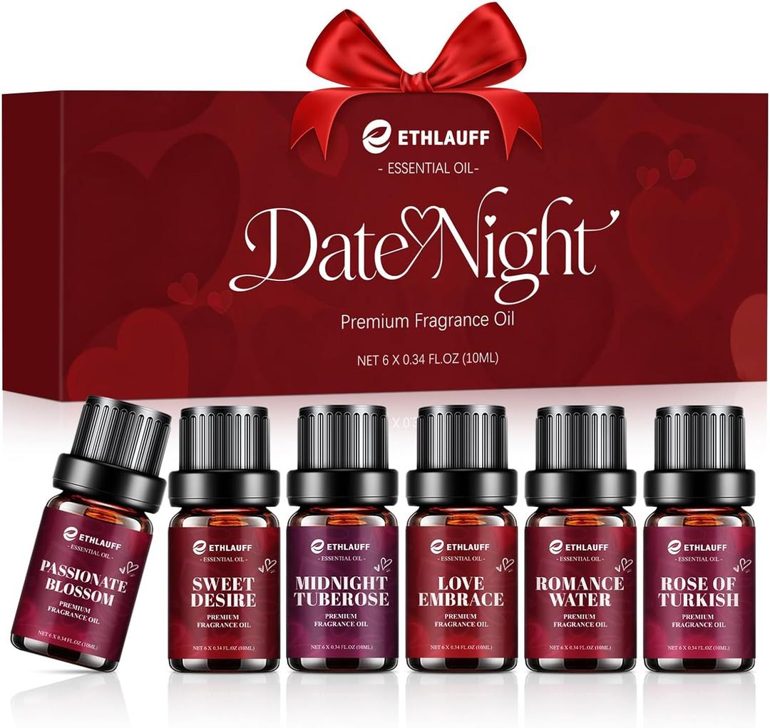 Date Night Fragrance Oils Set, Premium Essential Oils Set for Candle & Soap Making, Scented Oils for Perfume, Rose of Turkish, Romance Water, Valentine's Day Gifts for Women, 0.34 Fl Oz each
