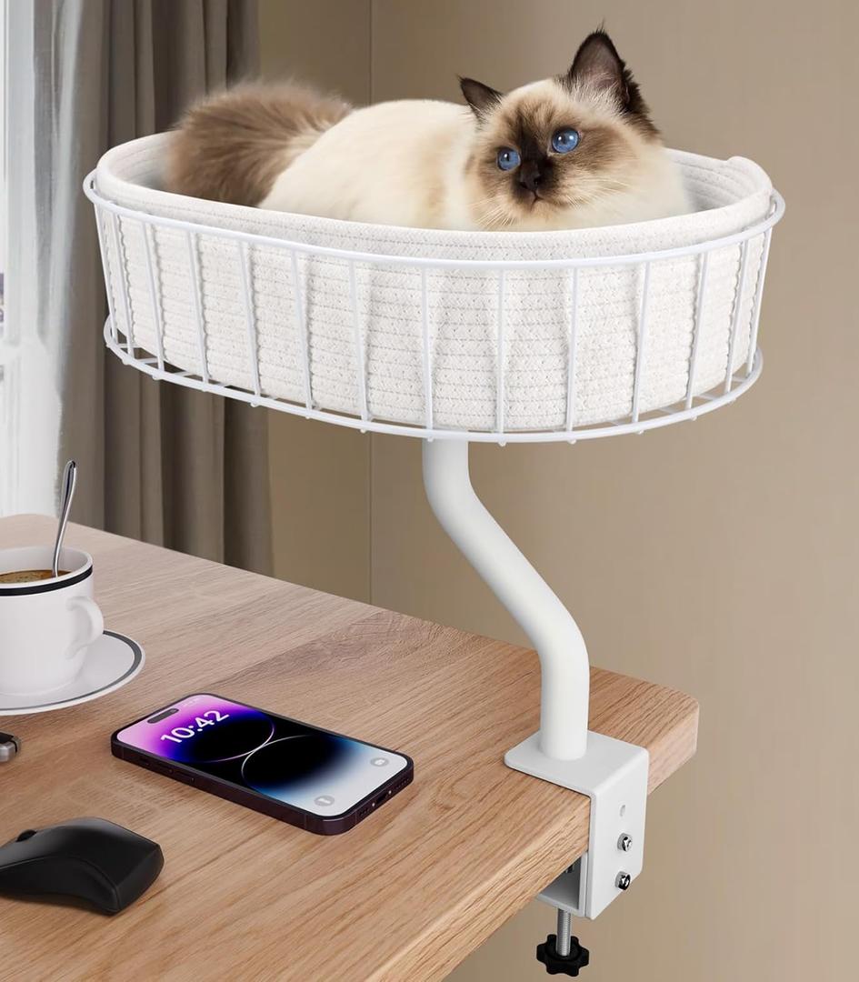 Cat Desk Bed - Sturdy Cat Bed for Desk Support 45lbs,Indoor Desktop Cats Beds for Tables Game Office Desks Attachment,17"x13" Removable Cotton Cats Nest,Heavy-Duty Metal Frame and Clamp (White)