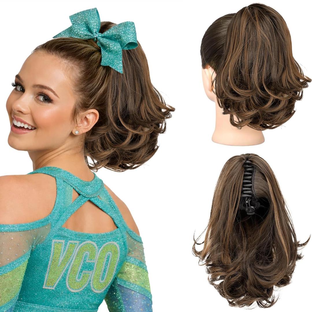 KooKaStyle Ponytail Extension, 10" Short Claw Clip in Pony Tails Hair Extensions Curly Wavy Synthetic Drawstring Hairpieces for Women Fake Ponytail(Dark Brown with Golden Auburn)