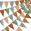 Tiamon 5 Pcs Jungle Zoo Animal Print Decoration Safari Birthday Banner Wild Animal Print Pennant Bunting 49.2 Ft Triangle Flag for Bulletin Board Classroom Decoration Safari Two Wild One Party Supply
