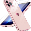 LeYi for iPhone 13 Pro Max Case: with Tempered Glass Screen Protector [2 Pcs]+ Full Camera Lens Protection, Love Heart Plating Girly Women Luxury Soft TPU Shockproof Case for 13 Pro Max, Pink